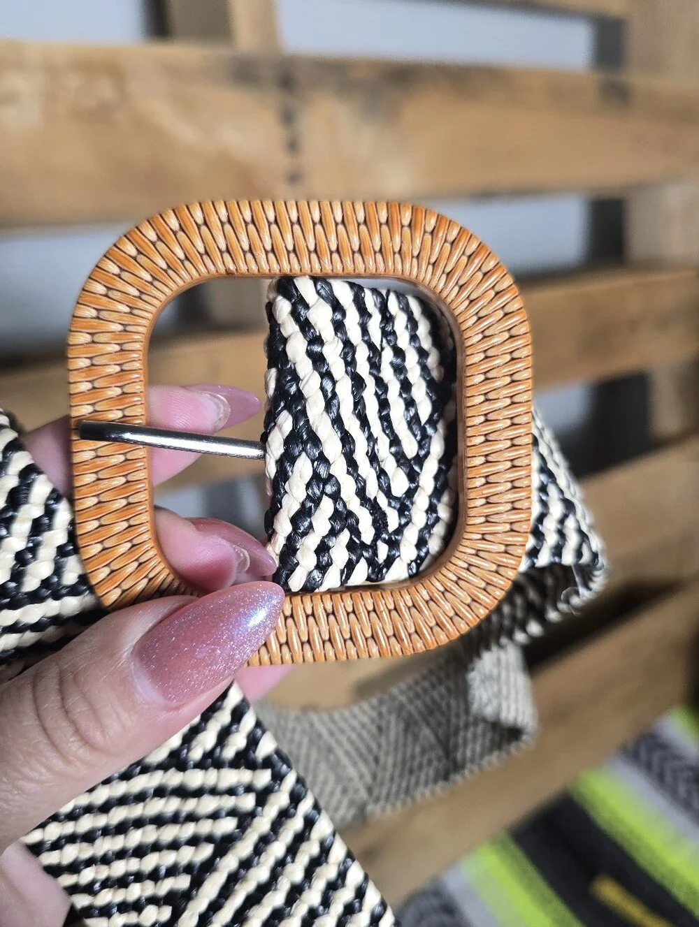 Woven Black & Cream Belt with Rattan Buckle